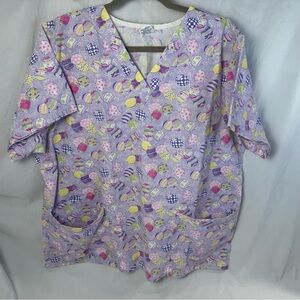 Tafford Women’s Large Purple Easter Egg Scrub Top 🌸🥚💜
